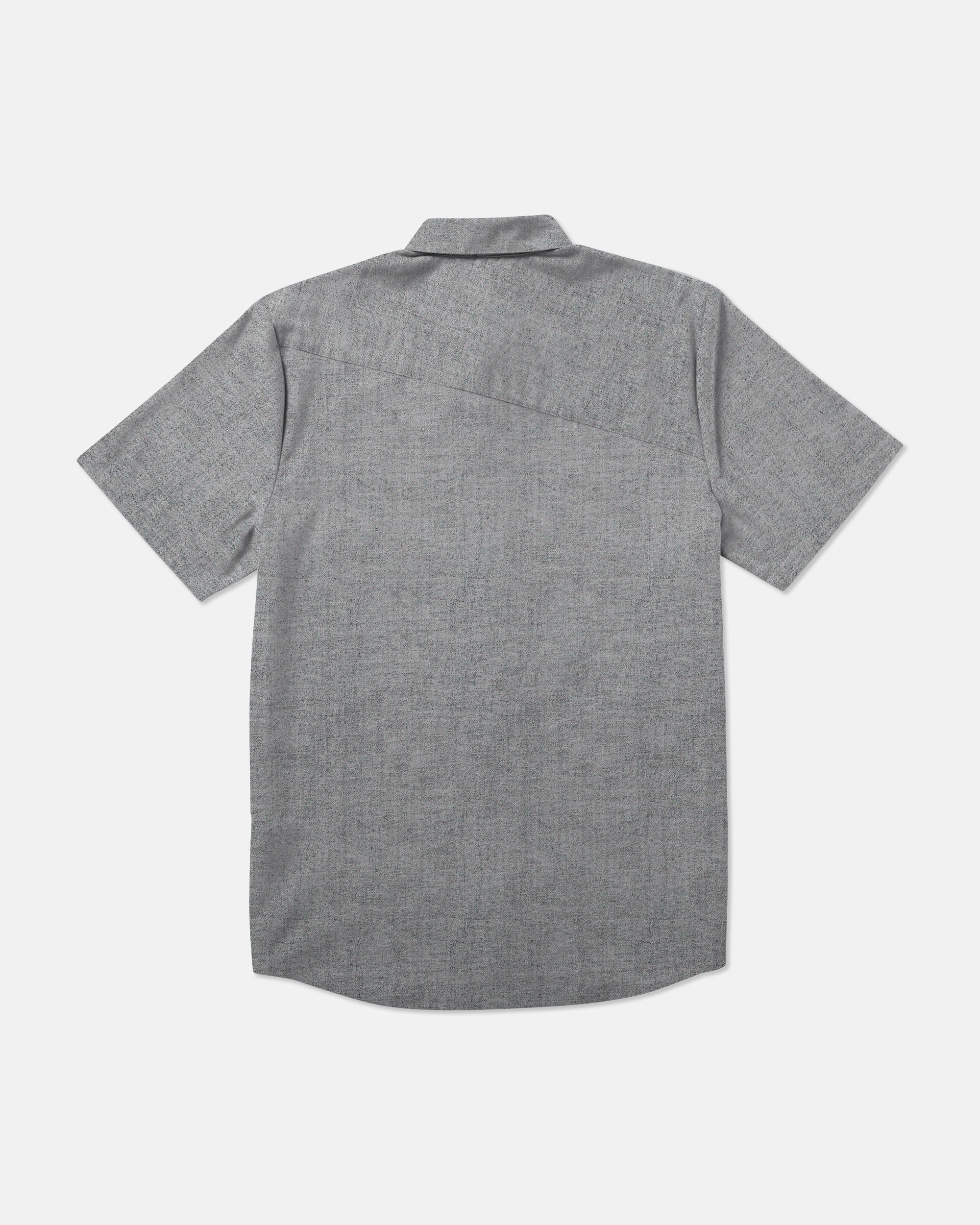 The Men's Everett Oxford Short Sleeve Tee by Volcom in light gray is shown back view on a white background, featuring a modern slim fit, collar, branded details, and a diagonal seam across the upper back.