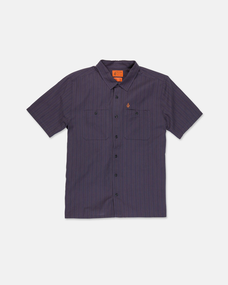 Displayed on a white background, the Men's Kap Out Workwear Short Sleeve Shirt by Volcom features short sleeves, a button-up front, a dark pinstripe pattern, two front pockets, and an orange logo patch above the left pocket for added detail.