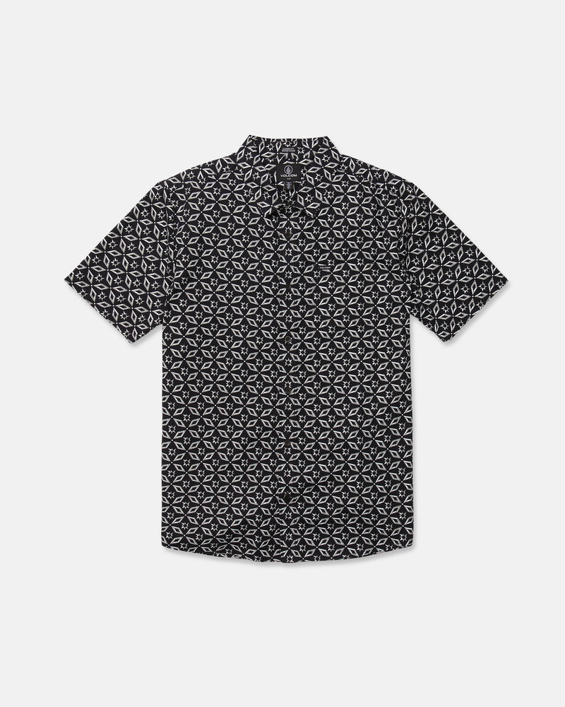 The Volcom Men's Scaler Stone Short Sleeve Shirt features a black color with a white geometric print and is shown laid flat on a white background.