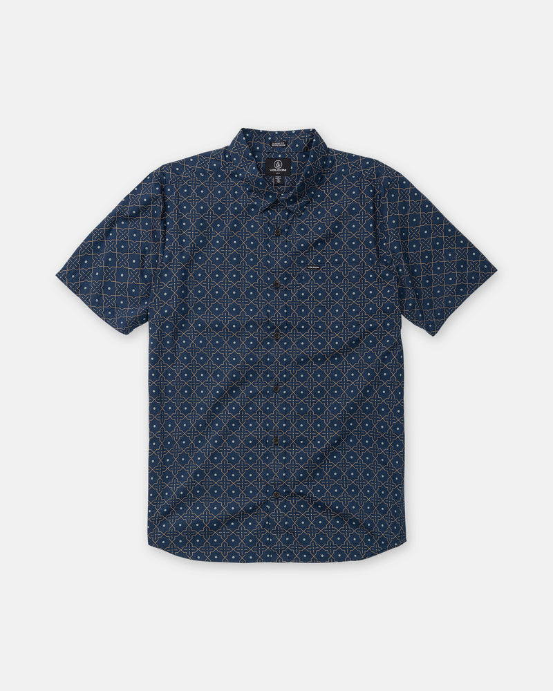 Volcom Men’s Scaler Stone Short Sleeve button-up shirt in navy blue featuring an all-over beige geometric pattern.