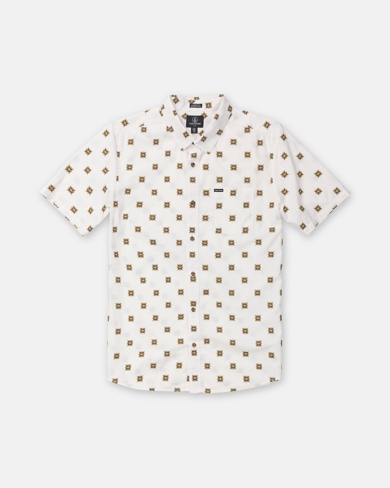 Volcom Men’s Scaler Stone Short Sleeve off-white, classic-fit button-up shirt featuring an allover brown geometric stone pattern and a single chest pocket.