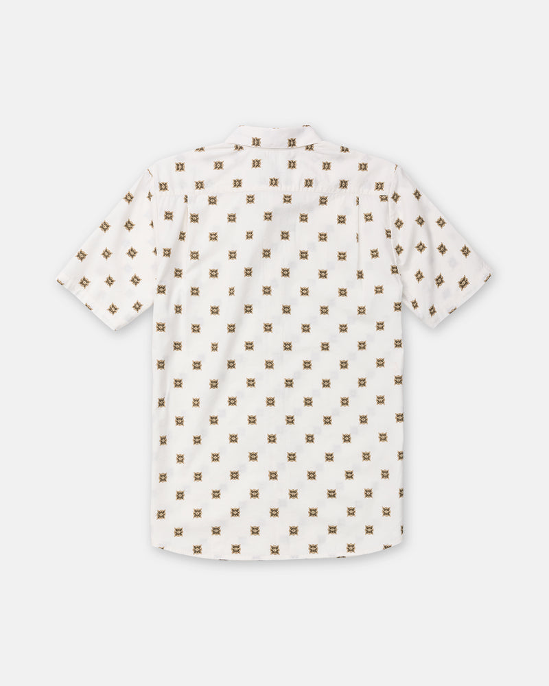 Back view of a Volcom Men’s Scaler Stone Short Sleeve in off-white with an allover brown and black geometric diamond pattern.