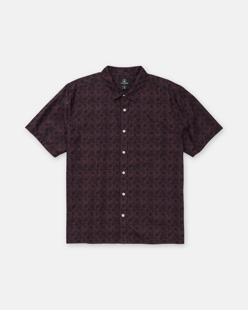 Volcom Men’s Branton Short Sleeve boxy-fit button-down shirt in a dark allover print with a chest pocket.