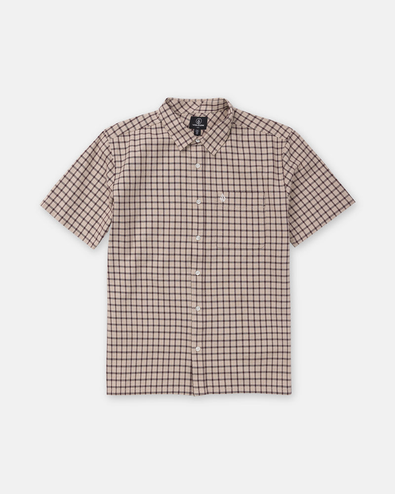 Volcom Men’s Flatlands Short Sleeve shirt in a light tan and dark brown grid pattern, featuring a modern boxy fit, a chest pocket, and small logo embroidery.