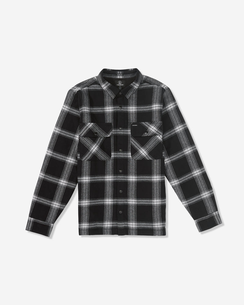 The Volcom Men's Wilderstone Long Sleeve shirt, in black and white plaid, is 100% cotton with a button-up front and two chest pockets, shown laid flat on a white background.