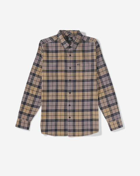 The Volcom Men's Caden Plaid Long Sleeve is a beige, black, and gray plaid woven shirt with a classic collar and chest pocket, shown on a white background.