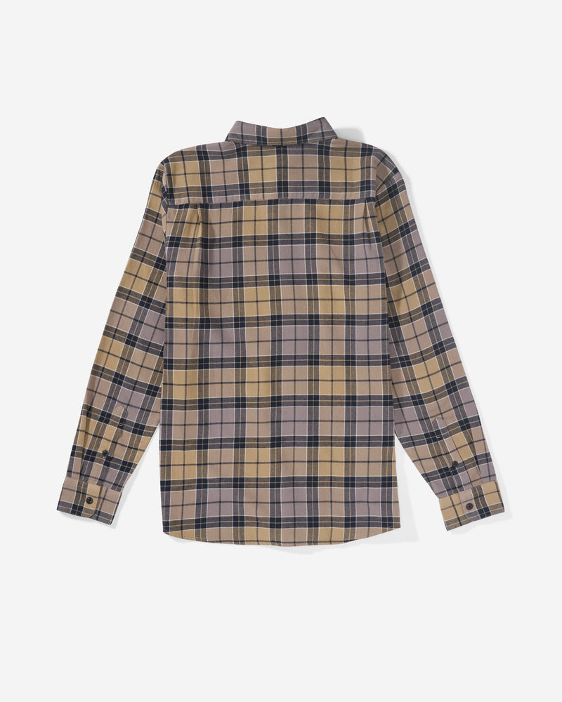 The Volcom Men's Caden Plaid Long Sleeve shirt displays a beige, black, and gray plaid pattern, shown from the back on a white background.