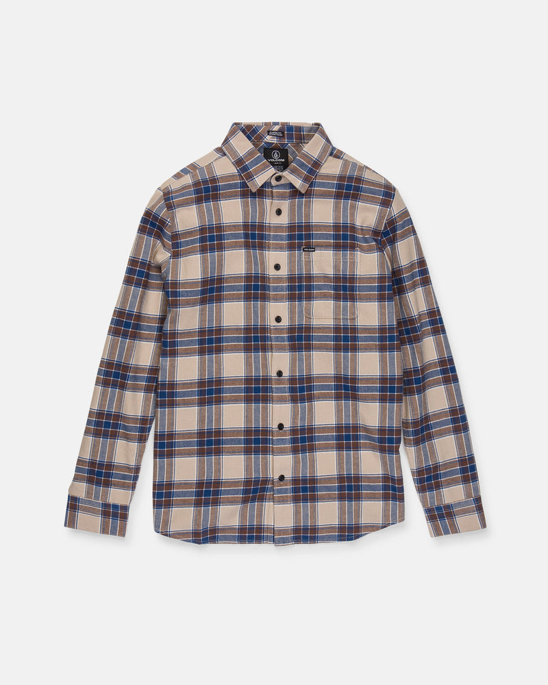 The Volcom Men's Caden Plaid Long Sleeve Shirt is shown laid flat on a white background. This classic fit shirt features a beige, blue, and brown plaid pattern, long sleeves, a collar, and a single front chest pocket. Crafted from soft cotton flannel, it combines comfort with timeless style.
