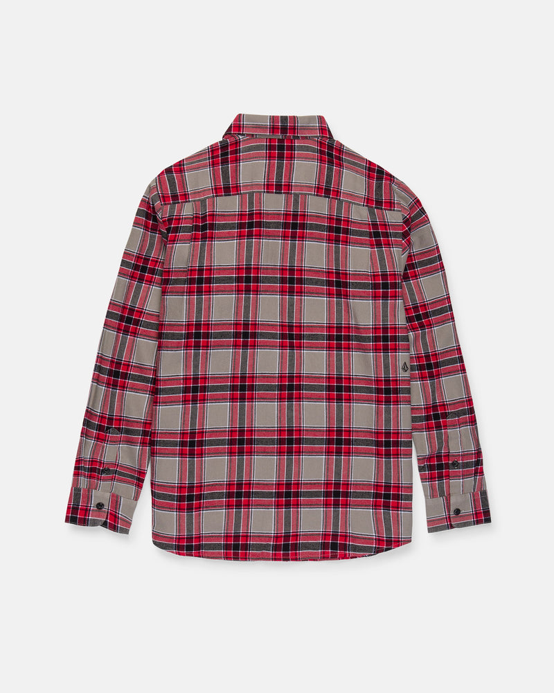 The Volcom Men's Caden Plaid Long Sleeve Shirt features a red, black, and gray plaid pattern and is crafted from cotton flannel. Shown from the back against a white background, this classic fit button-up shirt combines timeless style with comfortable wear.