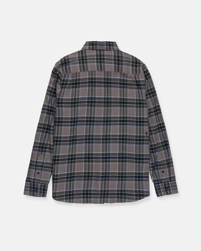 The Volcom Men's Caden Plaid Long Sleeve Shirt is a classic fit button-up flannel featuring a black, blue, and gray plaid pattern. Shown from the back against a white background, it is crafted from soft cotton flannel for lasting comfort and durability.