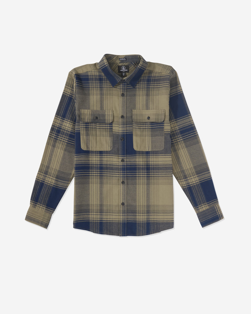 The Volcom Men's Parkstone Long Sleeve Shirt is a blue and beige plaid flannel with button-up front and two chest pockets, shown on a plain white background.