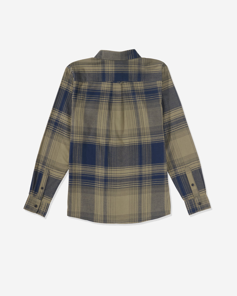 The Volcom Men's Parkstone Long Sleeve Shirt features a navy blue and khaki plaid pattern, button-down design, and buttoned cuffs, shown from the back on a white background.
