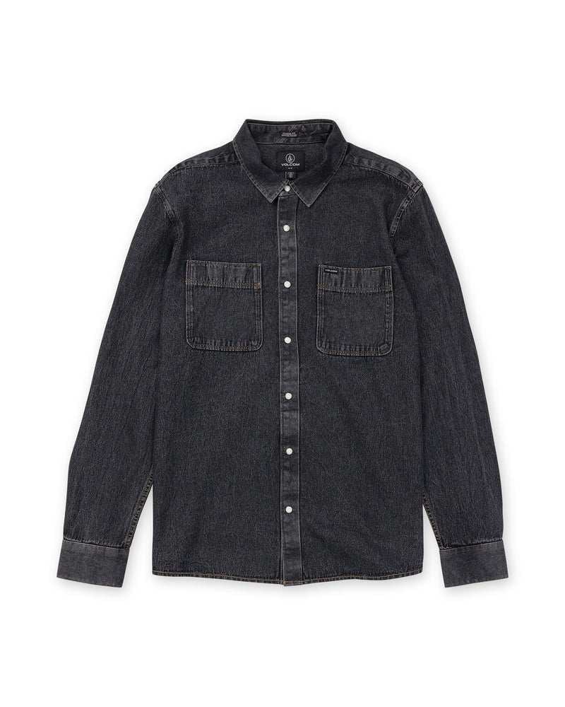 Volcom Men’s Goodwin Long Sleeve relaxed fit black denim button-up shirt with two front chest pockets and white buttons.