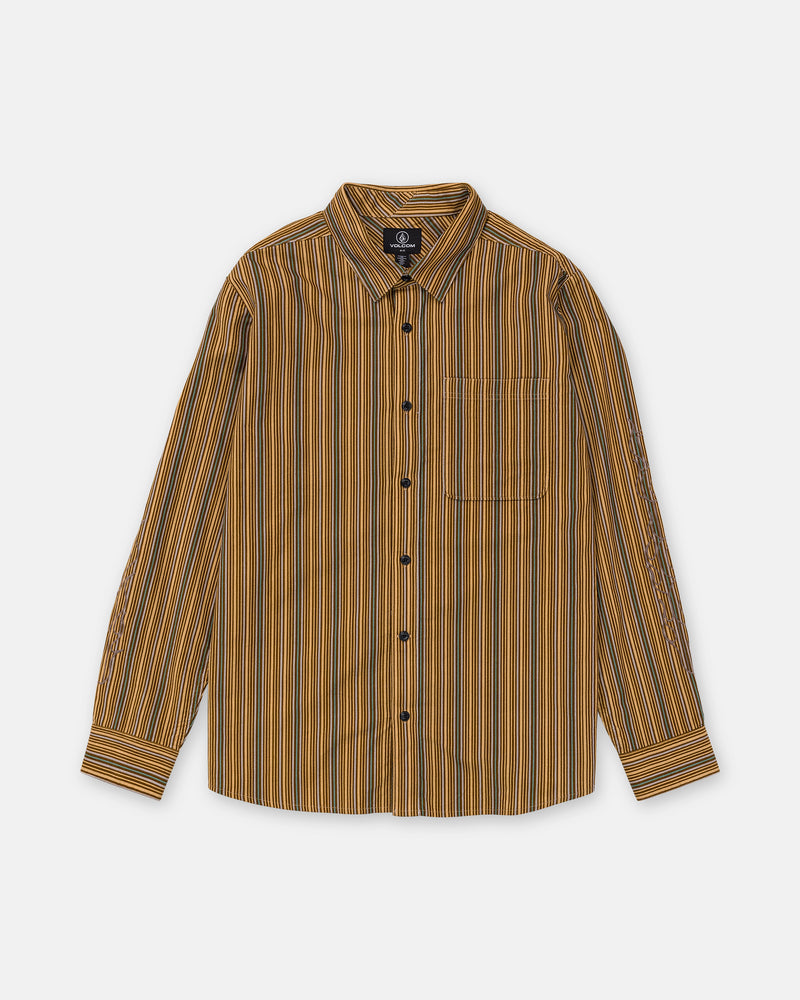 Volcom Men’s Featured Artist Casey Jones Long Sleeve corduroy button-up shirt with a brown and yellow vertical stripe pattern and a chest pocket.