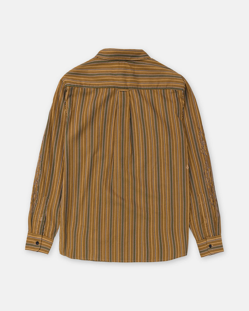 Back view of the Men’s Featured Artist Casey Jones Long Sleeve corduroy shirt, featuring a long-sleeve button-down design with a vertical multi-colored stripe pattern in shades of brown, yellow, and black.