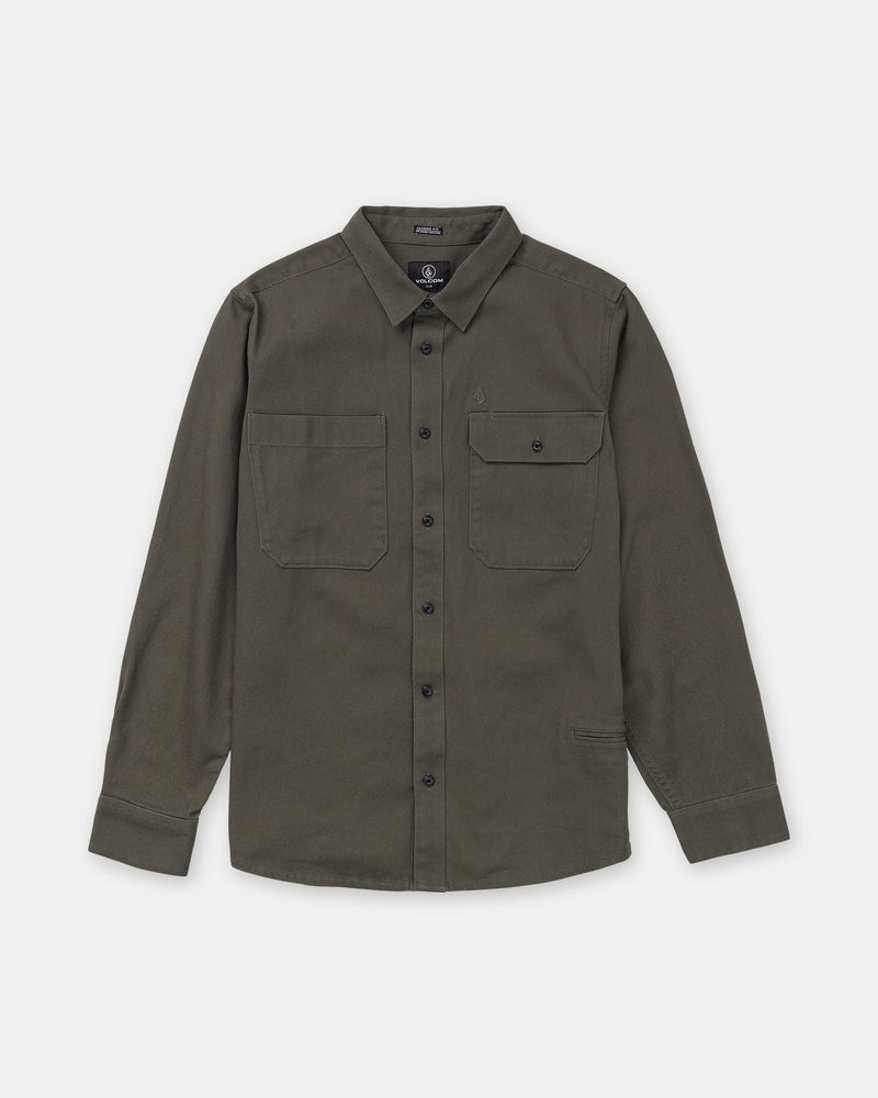 Volcom Men’s Stockholm Long Sleeve in olive green, featuring a relaxed fit cotton twill design with long sleeves, two chest pockets, and a button-up collar.