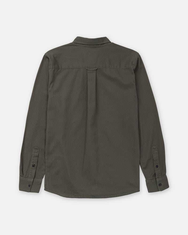Back view of the Men’s Stockholm Long Sleeve, a relaxed fit, olive green long-sleeved cotton twill overshirt.