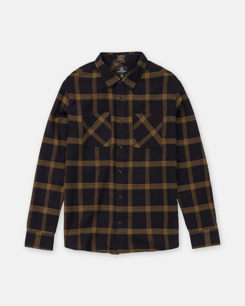Volcom Men’s Netastone Long Sleeve classic-fit, long-sleeve button-up shirt in an Antique Black and brown plaid yarn-dyed flannel with two front chest pockets.