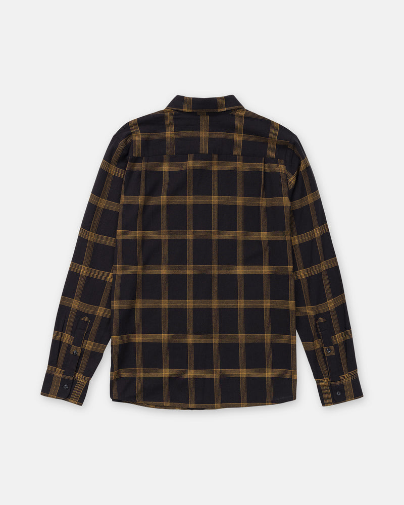 Back view of a Volcom Men’s Netastone Long Sleeve, an antique black, classic-fit flannel button-down shirt featuring a black and tan plaid pattern.