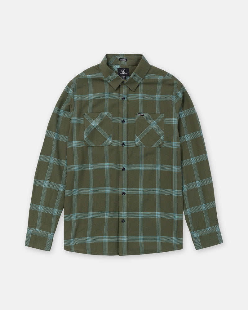 Volcom Men’s Netastone Long Sleeve olive green flannel shirt featuring a teal grid pattern, two chest pockets, and a button-down collar.