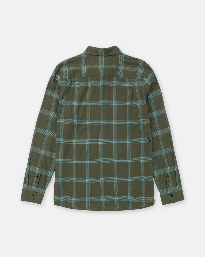 Back view of a Volcom Men’s Netastone Long Sleeve, an olive green yarn-dyed cotton flannel shirt featuring a teal grid pattern.
