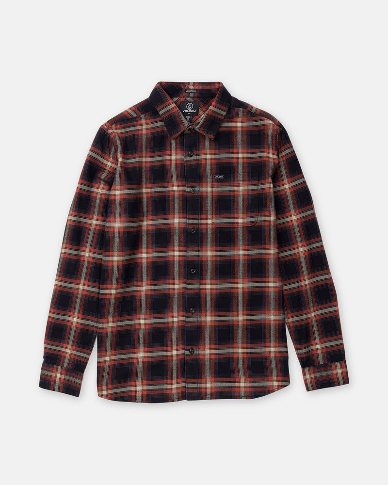 Volcom Men’s Caden Plaid Long Sleeve classic fit button-up shirt in a black, red, and tan yarn-dyed cotton plaid pattern with a single chest pocket.