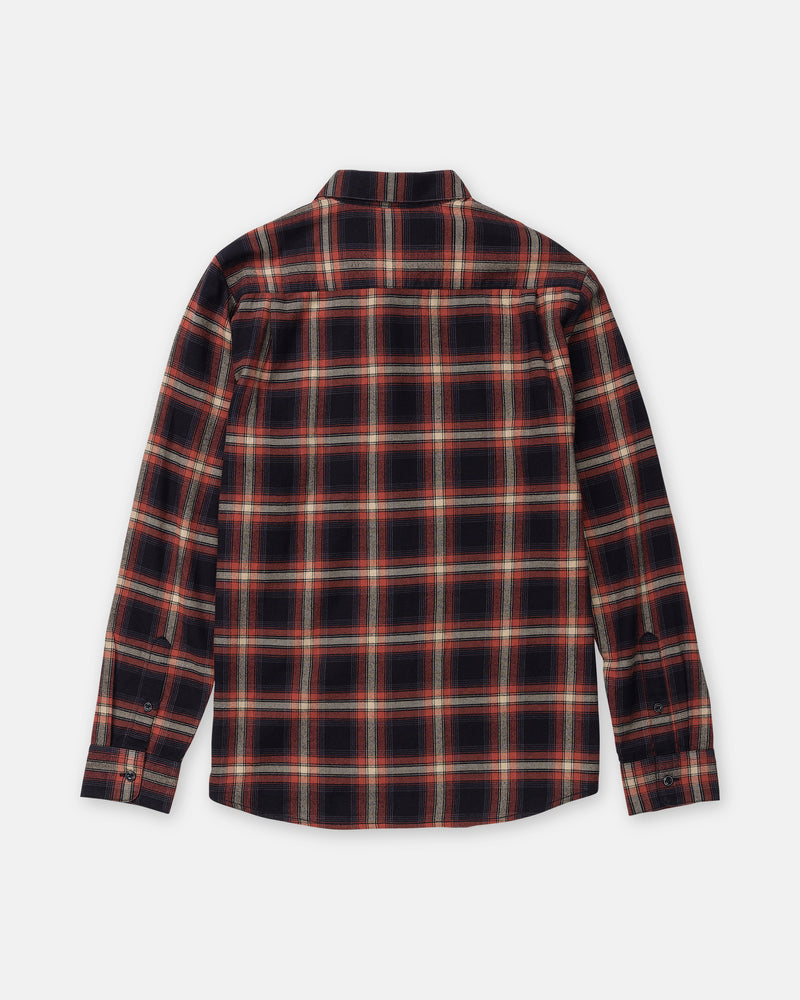 Back view of the Volcom Men’s Caden Plaid Long Sleeve, a classic fit button-up shirt in a black, red, and tan plaid flannel pattern.