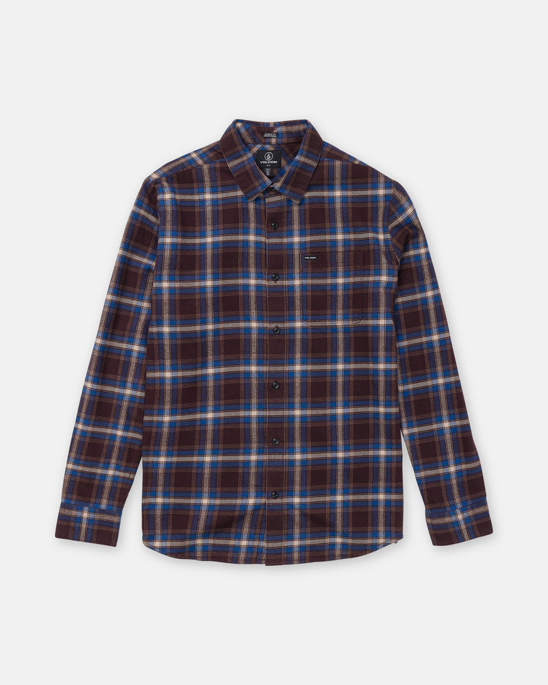 Volcom Men’s Caden Plaid Long Sleeve button-down shirt in a blue, brown, and cream plaid pattern with a single chest pocket.