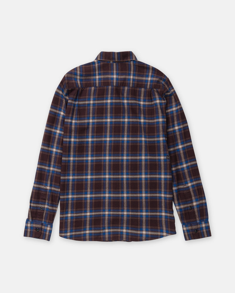 Back view of a Volcom Men’s Caden Plaid Long Sleeve shirt in a dark brown, blue, and white plaid pattern.