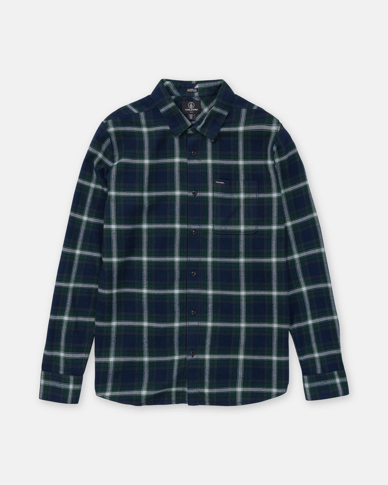 Volcom Men’s Caden Plaid Long Sleeve classic fit button-down shirt in a green, navy, and white plaid pattern with a single chest pocket.