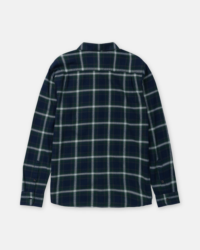 Back view of the Men’s Caden Plaid Long Sleeve Volcom cotton flannel shirt in a navy blue, green, and white plaid pattern.
