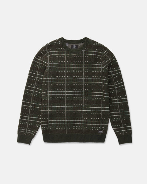The Men's Stone Optix Sweater by Volcom is shown laid flat on a white background, featuring a dark green plaid design with white dotted lines creating a checkered pattern. This slim fit, long sleeve sweater has ribbed cuffs, a crew neck neckline, and a ribbed hem.