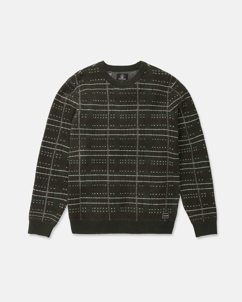 The Men's Stone Optix Sweater by Volcom is shown laid flat on a white background, featuring a dark green plaid design with white dotted lines creating a checkered pattern. This slim fit, long sleeve sweater has ribbed cuffs, a crew neck neckline, and a ribbed hem.