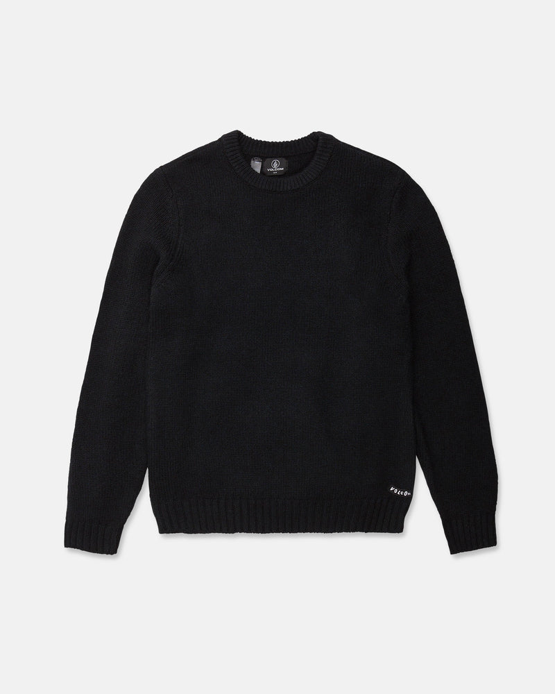 The Men's Edmonder II Sweater by Volcom, crafted from soft fabric, is laid flat on a white background. This classic crew neck sweater features long sleeves and includes a small white tag near the left hem.