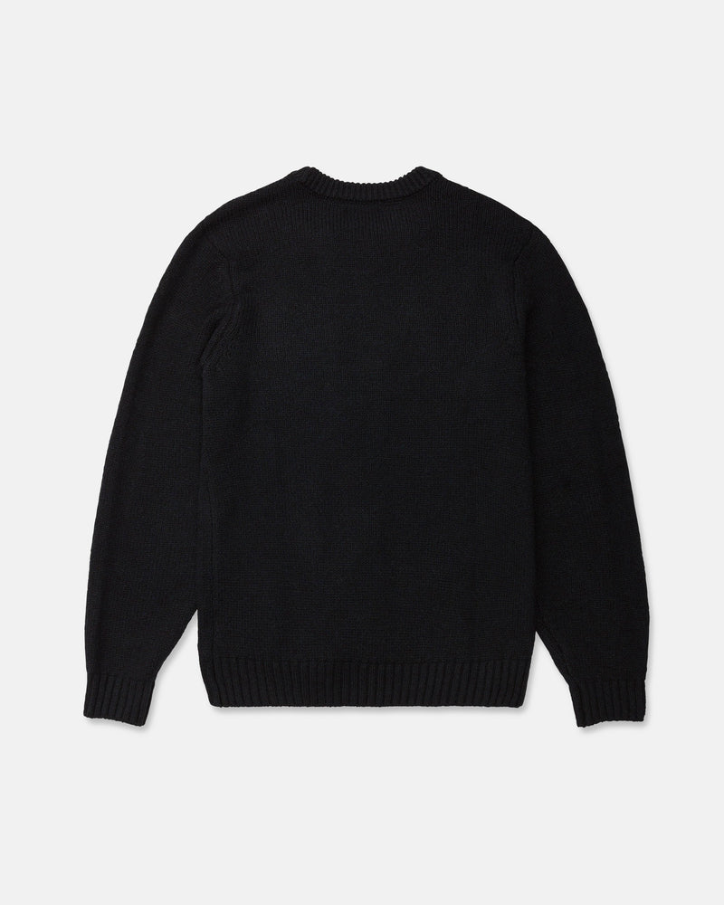 The Men's Edmonder II Sweater by Volcom is displayed laid flat facing backward on a white background. Crafted from recycled polyester, this plain black crew neck sweater features ribbed detailing at the neckline, cuffs, and hem.