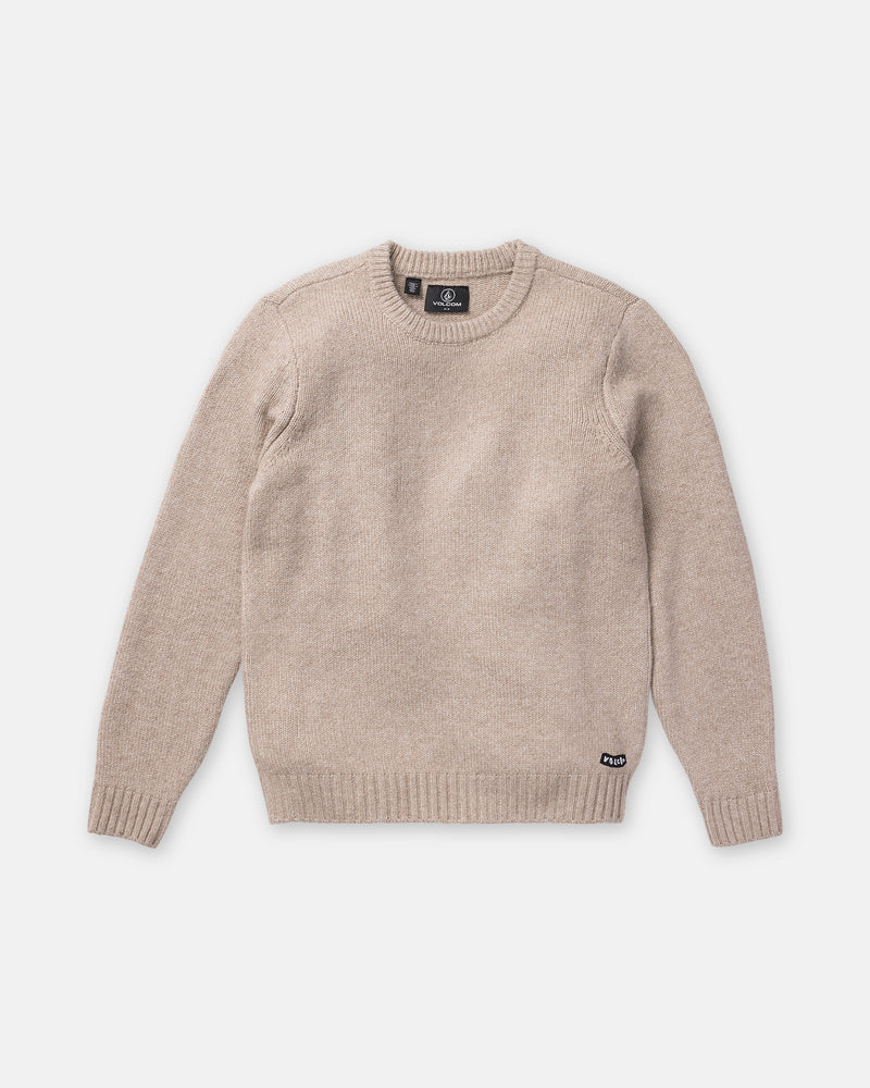 A beige, long-sleeve, crew-neck Men’s Edmonder II Sweater by Volcom is laid flat on a white background. Crafted in a cashmere colorway from a recycled-poly blend, the sweater features ribbed cuffs, collar, and hem with a small black tag near the bottom edge.