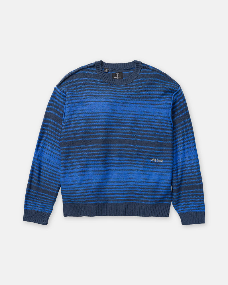 Volcom Men’s Fade In Crew Sweater in Nebulas Blue, a long-sleeved crewneck with horizontal stripes in shades of blue.