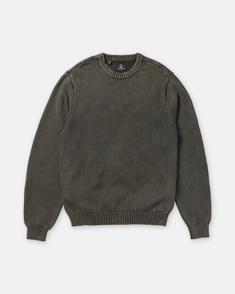 Volcom Men’s Bleached Crew Sweater in a dark olive bleach wash with a ribbed collar, cuffs, and hem.
