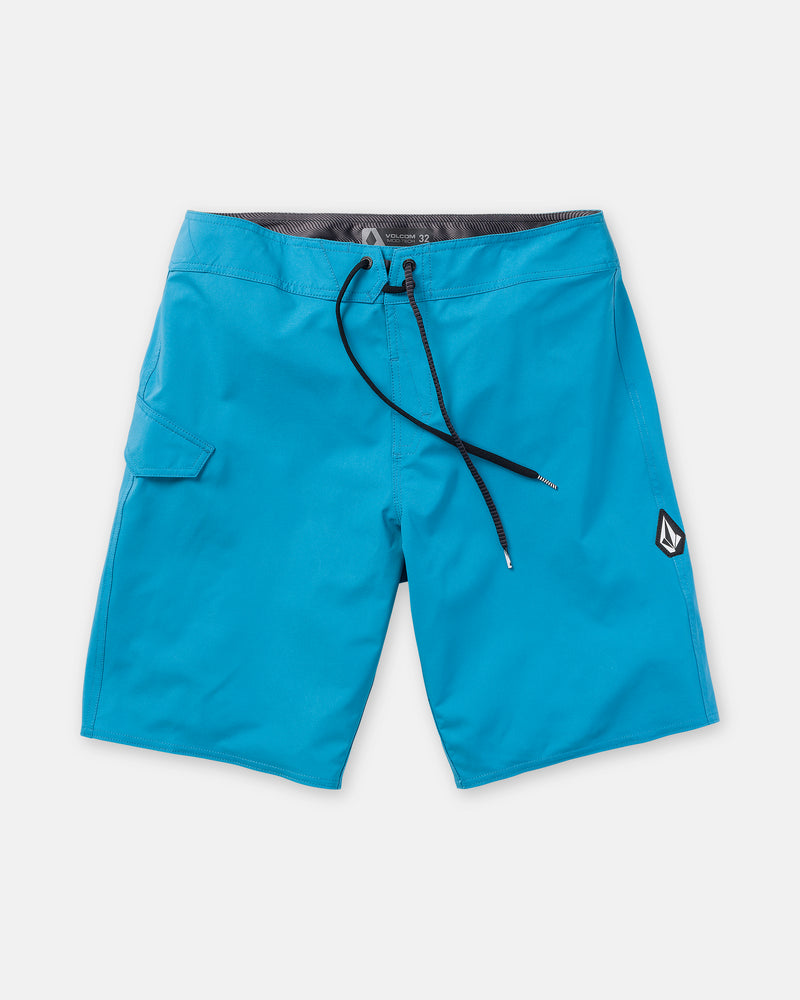 Men’s Lido Solid Mod 20 boardshorts by Volcom in a vibrant blue shade, styled with a black drawstring, Cinch Fly Technology for security, a small side pocket, and a Volcom logo patch near the front hem. The shorts are displayed flat against a white background.