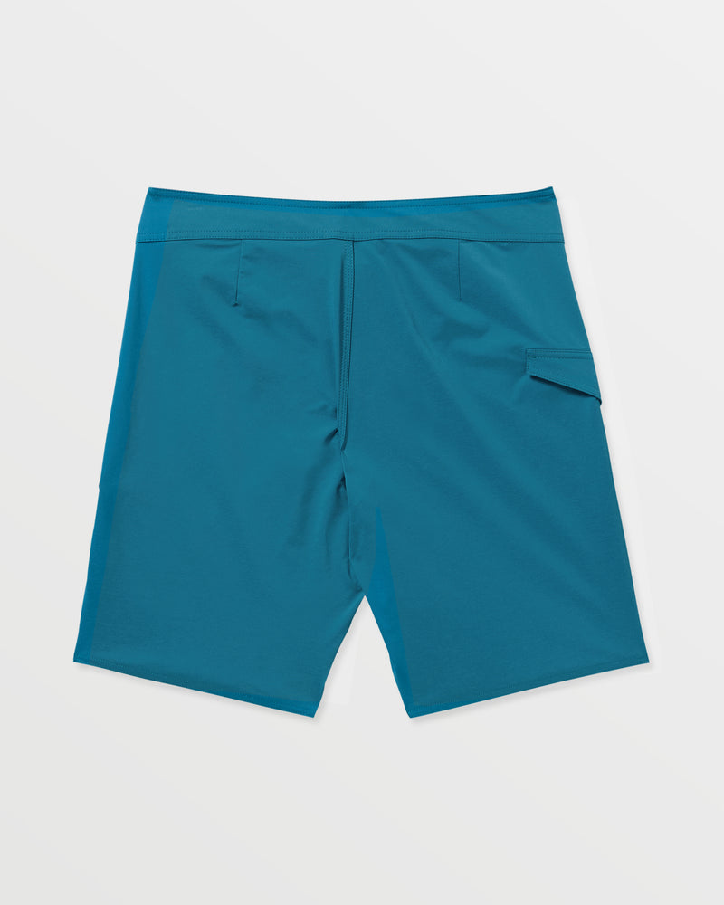 Men's Lido Solid Mod Trunks in blue, made from recycled polyester, feature a zippered back pocket and a right-side flap pocket. Shown flat with the back side up on a white background.