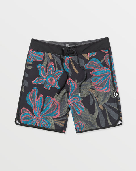 The Men's Infuse Scallop Mod Trunks feature a black base with vibrant blue, pink, and tan floral prints, a black waistband, and a small Volcom logo on the left leg. Made from quick-drying fabric for all-day comfort in and out of the water.