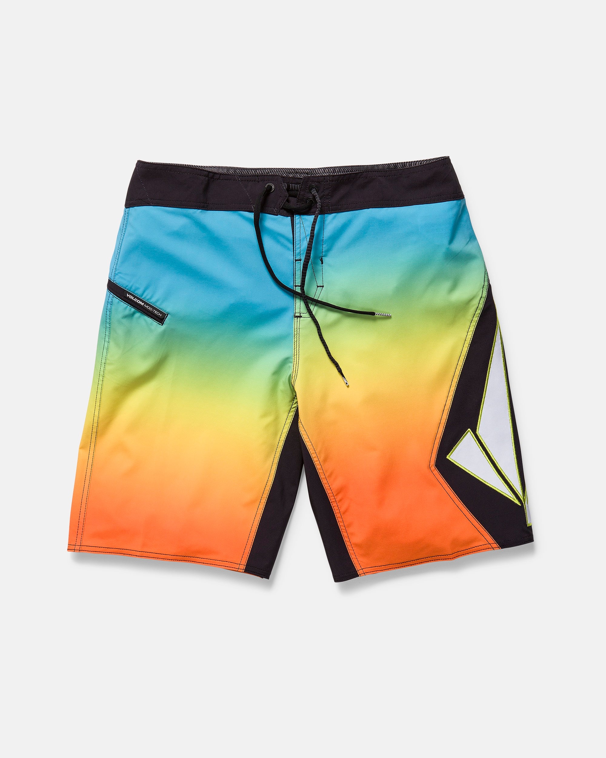 The Volcom Men's Foster Mod 21" boardshort features a 21-inch outseam, blue/green/yellow/orange gradient with geometric leg design, black waistband with Cinch Fly Technology, drawstrings, and a zippered side pocket. Laid flat on white.