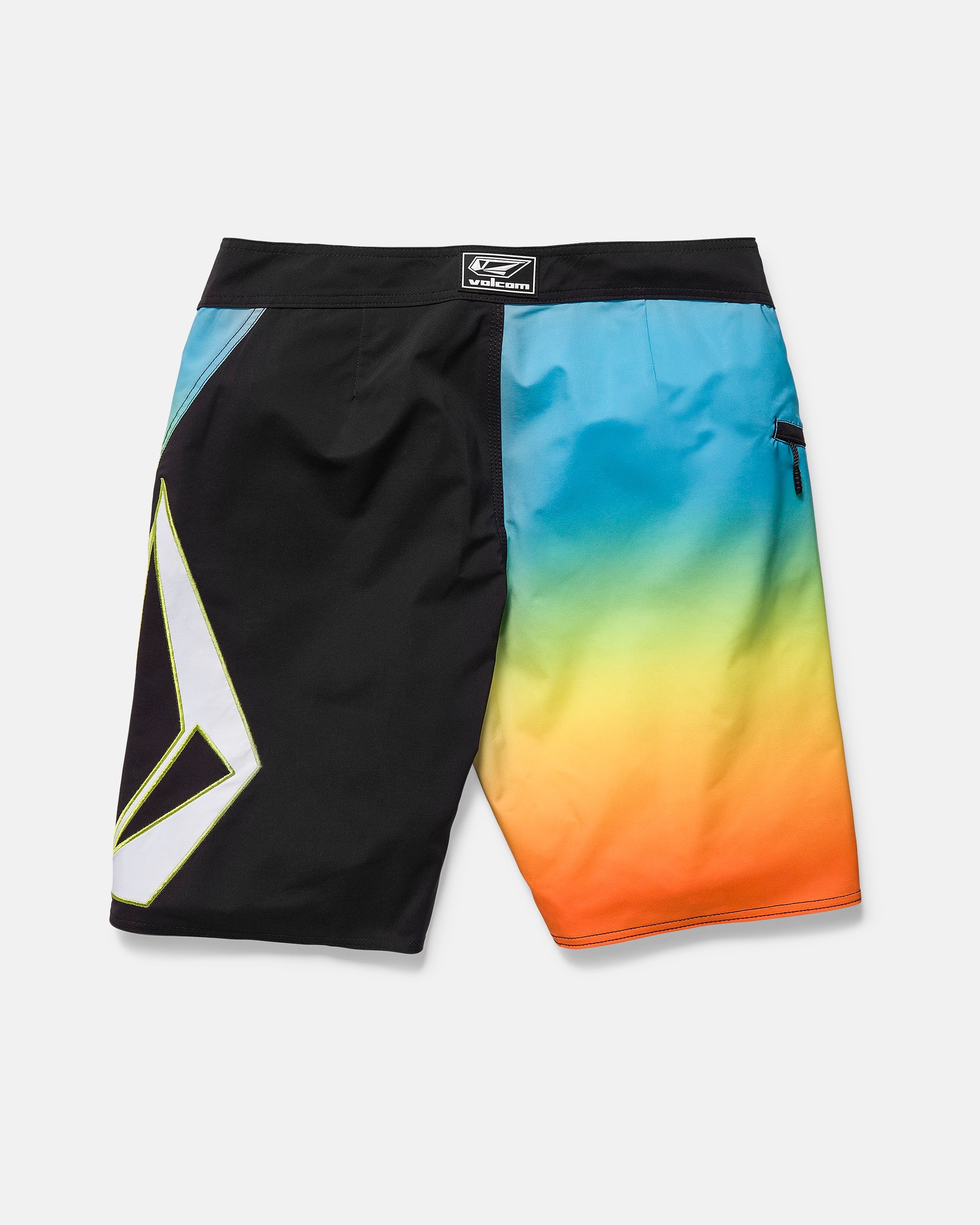 Back view of the Volcom Men's Foster Mod 21" boardshort: black on one side, blue-to-orange gradient on the other, white/yellow geometric design, Cinch Fly Technology, and a small zippered pocket.