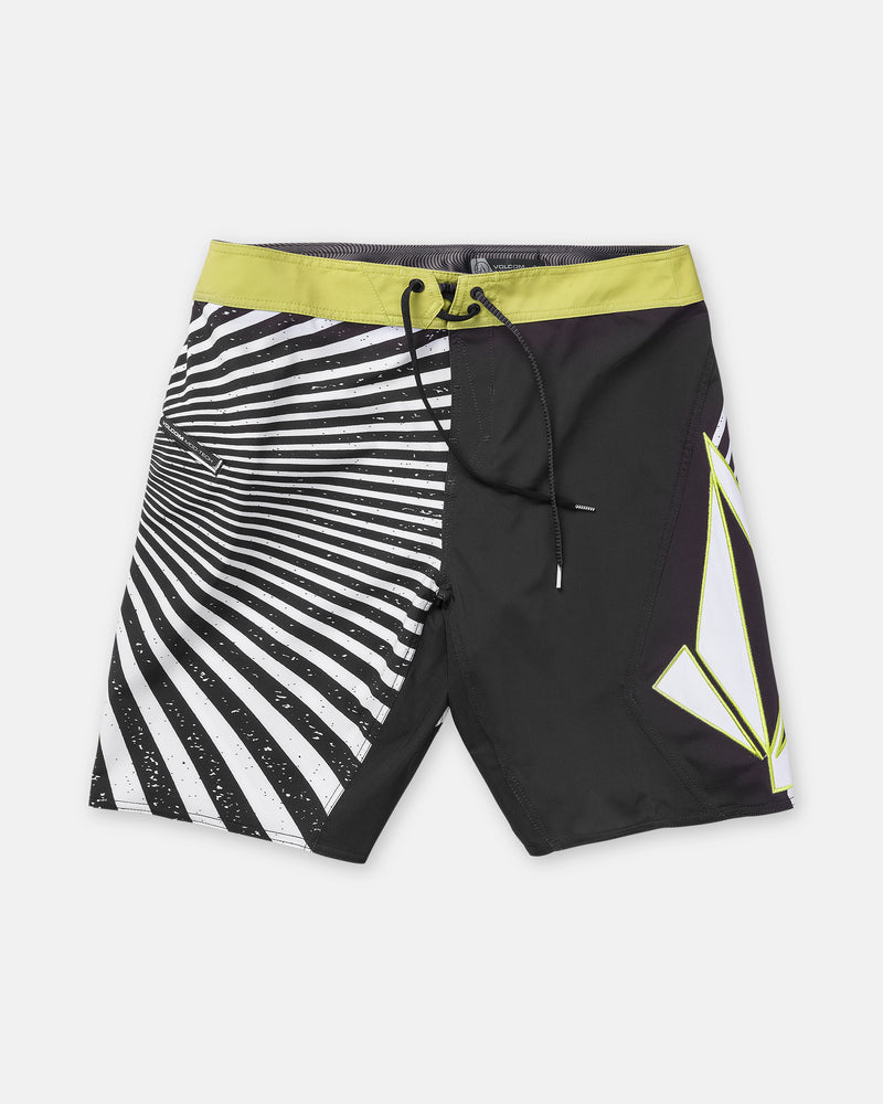 Introducing the Men’s Foster Mod 21 board shorts by Volcom—crafted with black fabric and a bold yellow waistband, these trunks feature advanced 4-way stretch for maximum comfort and flexibility. One side is adorned with a striking white and black diagonal stripe, while the opposite remains sleekly solid in black, accented by a contemporary geometric yellow and white motif on the left leg. Merging modern performance technology with subtle Y2K-inspired details, these Volcom shorts deliver standout style for