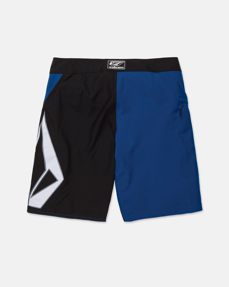 Introducing the Volcom Men's Foster Mod 21" boardshorts, featuring one black leg with a large white Volcom logo and one blue leg with a zip side pocket. These shorts include a black waistband accented by a Volcom tag, and are designed in a loose fit for all-day comfort.