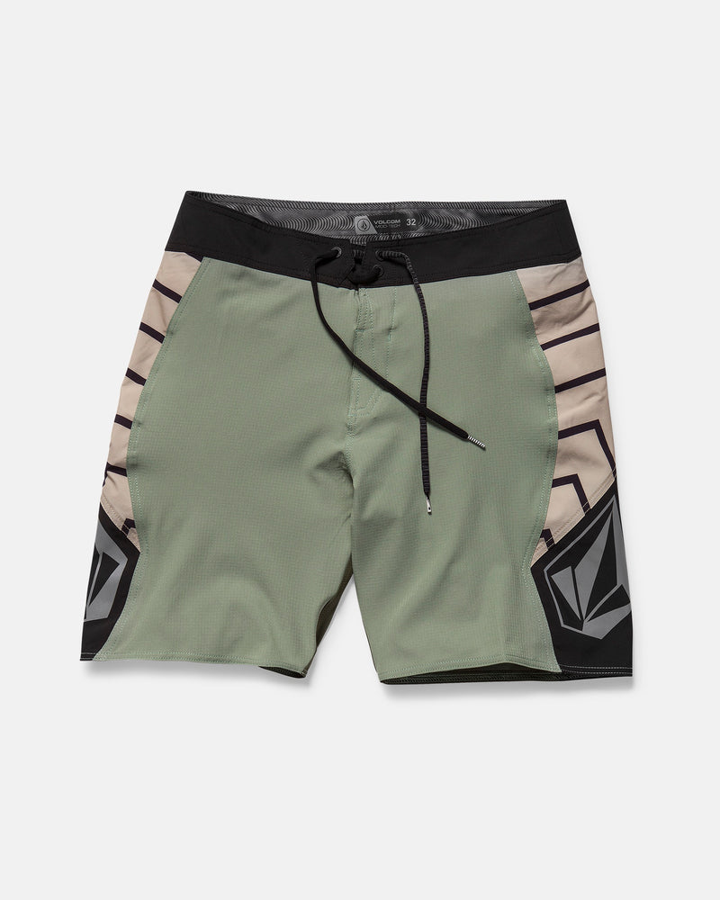 The Volcom Men's Ripper Mod 21" boardshorts feature a green body, black waistband and drawstring, beige and black geometric side panels, logo graphics near the hem, and are made from recycled polyester. Displayed flat on a white background.