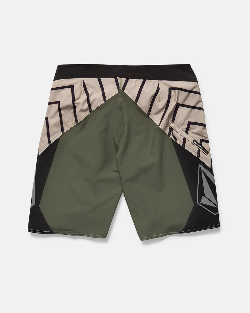 Back view of Volcom Men's Ripper Mod 21" boardshorts in olive green, black, and beige geometric panels, made from recycled polyester with a right zippered pocket.