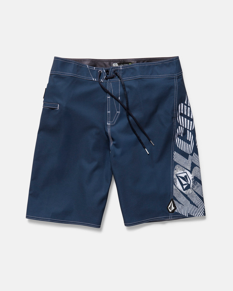 The Volcom Men's Reaper Mod 21" boardshorts feature midnight blue fabric with white stitching, a side pocket, black drawstring, and abstract white geometric patterns. Made from REPREVE 4-way stretch for classic '90s style and comfort.