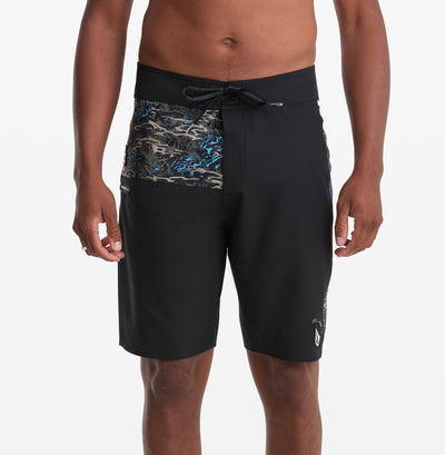 Black board shorts with patterned side panels on a white background