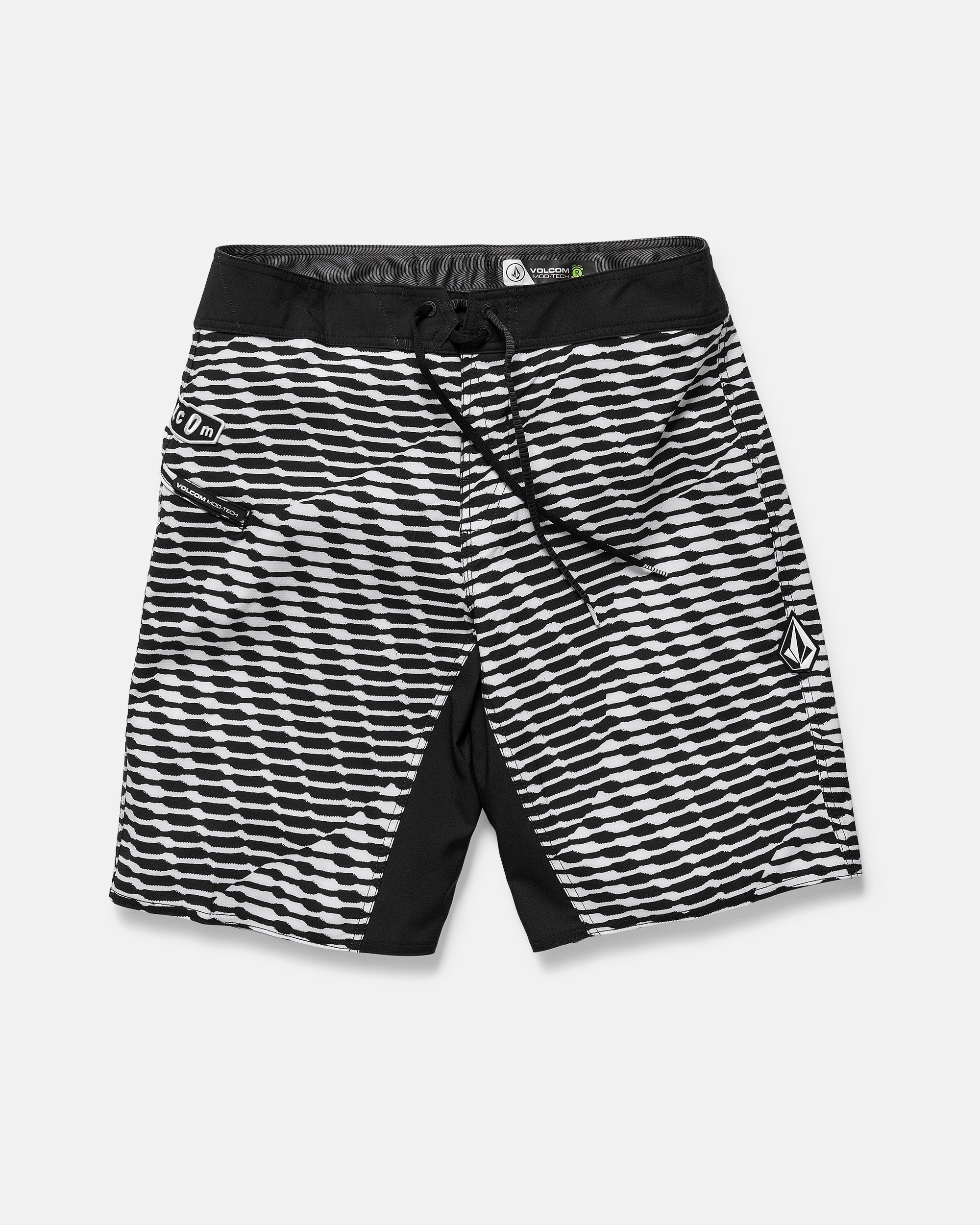 The Volcom Men's Fomenter Mod board shorts feature a black and white wavy geometric stripe, black drawstring waistband, REPREVE recycled fibers, 4-way stretch, small zipper pocket, and a white left leg logo.